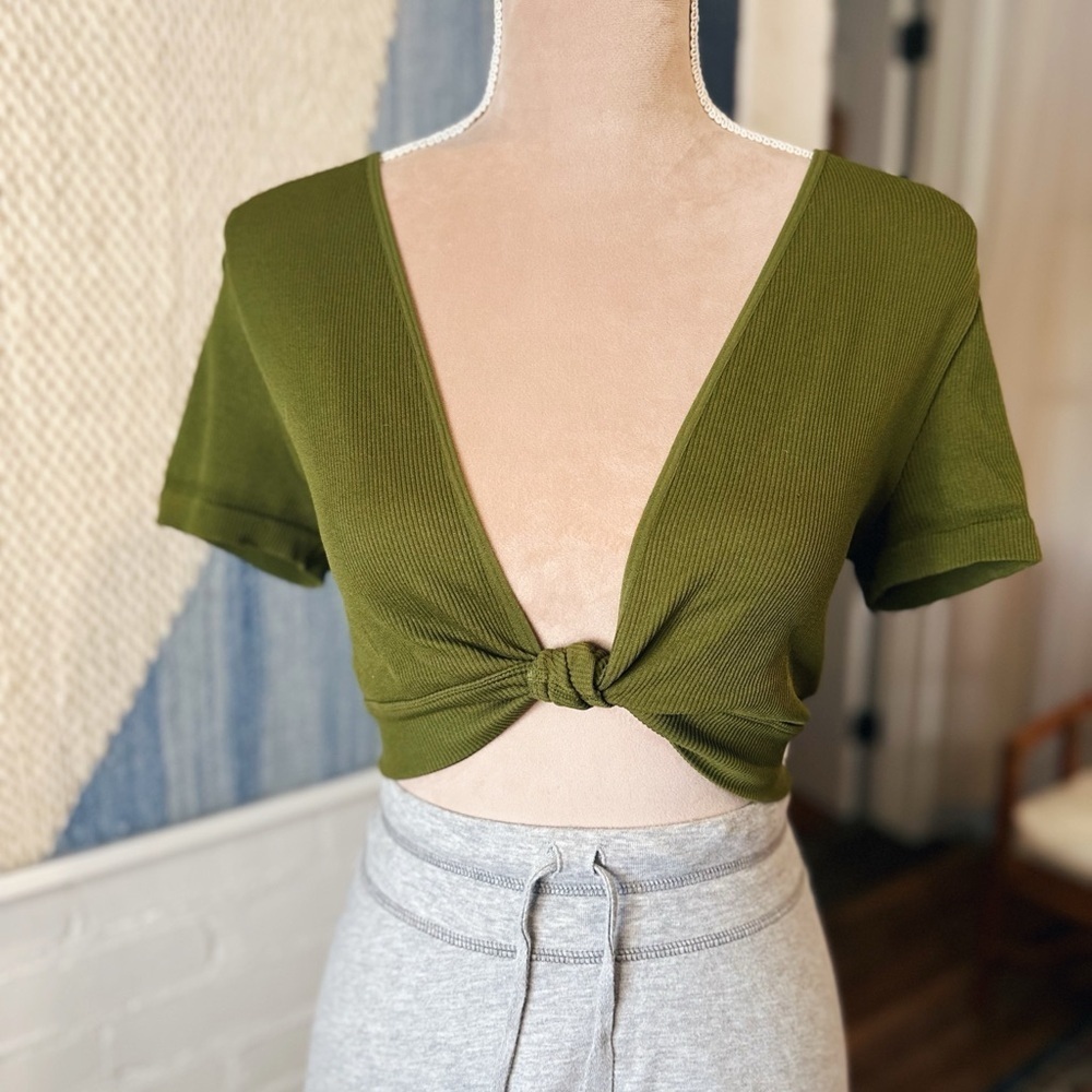 Wild Fable Dark Green Ribbed Twist Front Crop Top